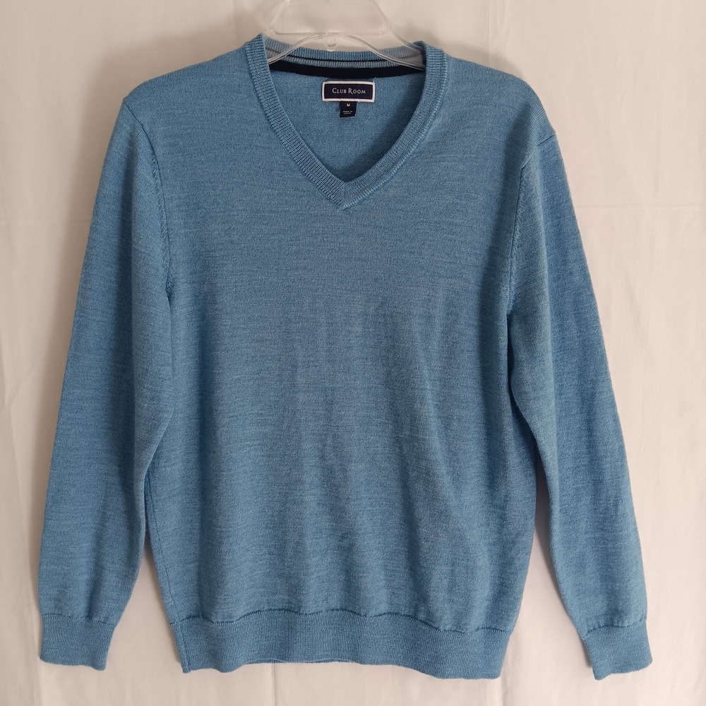 Club Room V-Neck Sweater Mens Size M Light Blue Merino Wool Blend Knit
